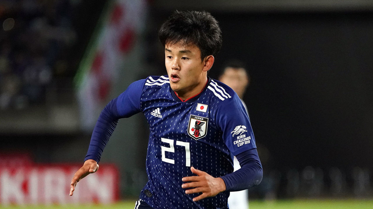 RIFU, JAPAN - JUNE 09: Takefusa Kubo #27 of Japan in action during the international friendly match between Japan and El Salvador at Hitomebore Stadium Miyagi on June 09, 2019 in Rifu, Miyagi, Japan.