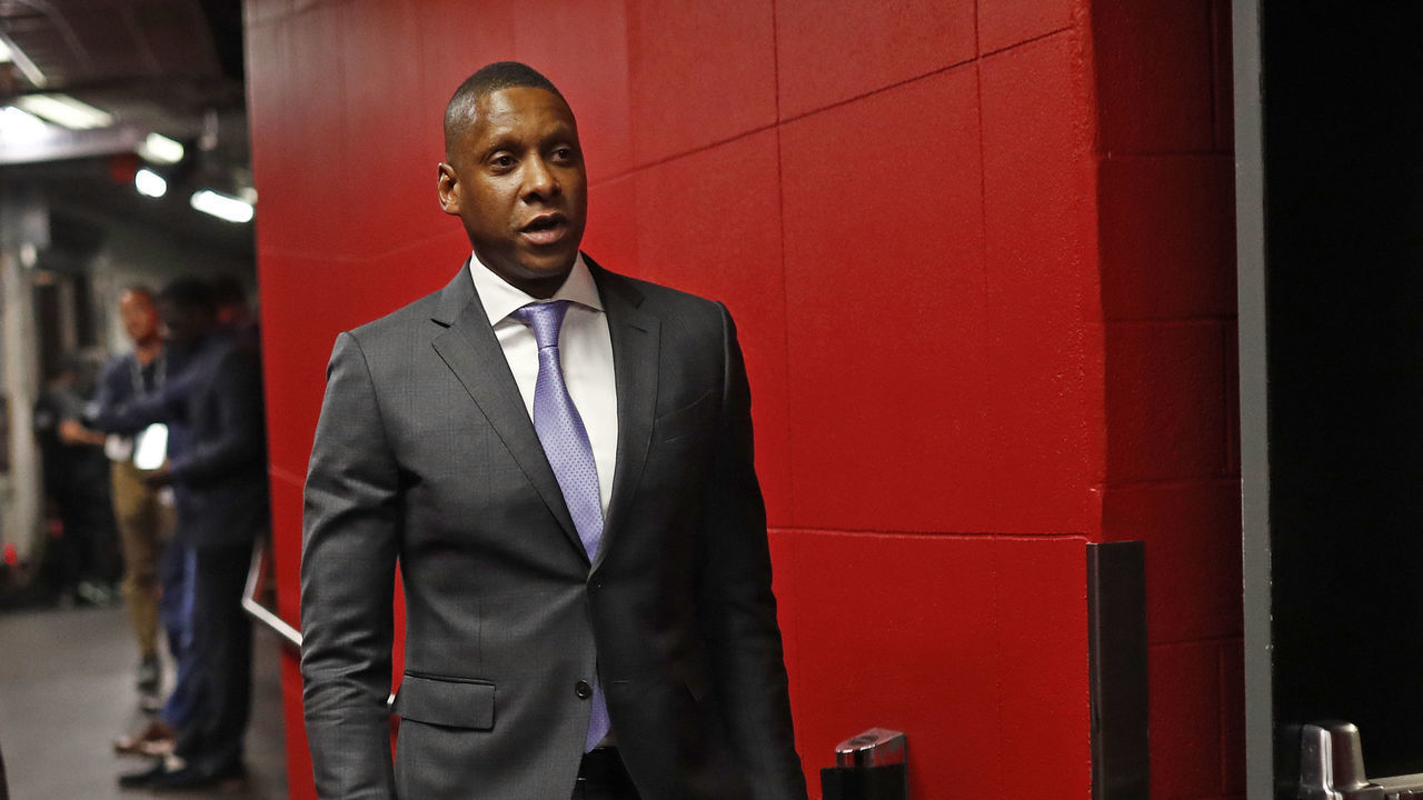 TORONTO, CANADA - JUNE 02: Masai Ujiri of the Toronto Raptors walks to the court before Game Two of the NBA Finals against the Golden State Warriors on June 2, 2019 at Scotiabank Arena in Toronto, Ontario, Canada. NOTE TO USER: User expressly acknowledges and agrees that, by downloading and/or using this photograph, user is consenting to the terms and conditions of the Getty Images License Agreement. Mandatory Copyright Notice: Copyright 2019 NBAE