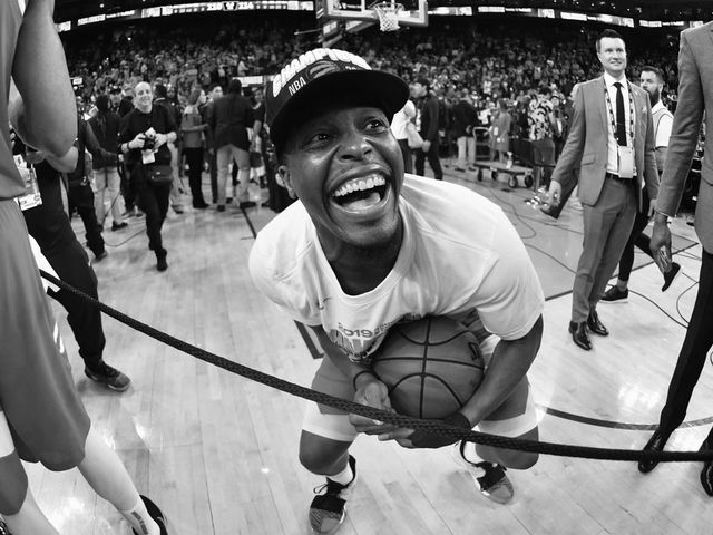 OAKLAND, CA - JUNE 13: Kyle Lowry #7 of the Toronto Raptors celebrates after winning the 2019 NBA Championship against the Golden State Warriors during Game Six of the NBA Finals on June 13, 2019 at ORACLE Arena in Oakland, California. NOTE TO USER: User expressly acknowledges and agrees that, by downloading and/or using this photograph, user is consenting to the terms and conditions of Getty Images License Agreement. Mandatory Copyright Notice: Copyright 2019 NBAE (EDITORS NOTE this image has been converted to black and white)