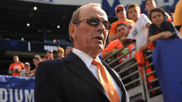 EAST RUTHERFORD, NJ. - September 15: Pat Bowlen owner of the Denver Broncos enters the field before their game against the New York Giants at METLIFE Stadium. September 15, 2013 East Rutherford, NJ.