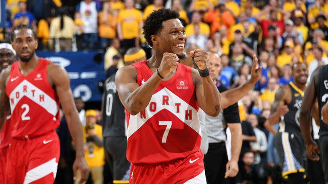 OAKLAND, CA - JUNE 13: Kyle Lowry #7 of the Toronto Raptors celebrates during Game Six of the NBA Finals against the Golden State Warriors on June 13, 2019 at ORACLE Arena in Oakland, California. NOTE TO USER: User expressly acknowledges and agrees that, by downloading and/or using this photograph, user is consenting to the terms and conditions of Getty Images License Agreement. Mandatory Copyright Notice: Copyright 2019 NBAE