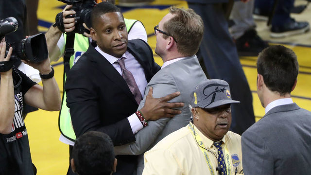 OAKLAND, CA - JUNE 13: Toronto Raptors President Masai Ujiri hugs Head Coach Nick Nurse of the Toronto Raptors after the Toronto Raptors win the game and become the 2019 NBA Champions in Game Six of the NBA Finals on June 13, 2019 at ORACLE Arena in Oakland, California. NOTE TO USER: User expressly acknowledges and agrees that, by downloading and/or using this photograph, user is consenting to the terms and conditions of Getty Images License Agreement. Mandatory Copyright Notice: Copyright 2019 NBAE