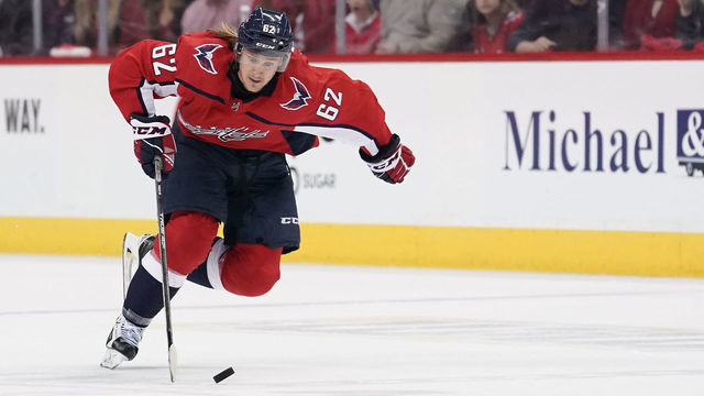 WASHINGTON, DC - APRIL 20: Carl Hagelin #62 of the Washington Capitals skates with the puck in the first period against the Carolina Hurricanes in Game Five of the Eastern Conference First Round during the 2019 NHL Stanley Cup Playoffs at Capital One Arena on April 20, 2019 in Washington, DC.