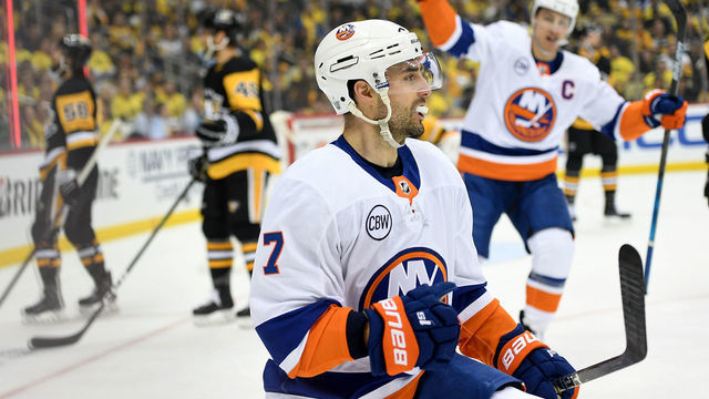 PITTSBURGH, PA - APRIL 14: Jordan Eberle #7 of the New York Islanders celebrates after scoring a goal during the first period in Game Three of the Eastern Conference First Round against the Pittsburgh Penguins during the 2019 NHL Stanley Cup Playoffs at PPG PAINTS Arena on April 14, 2019 in Pittsburgh, Pennsylvania.