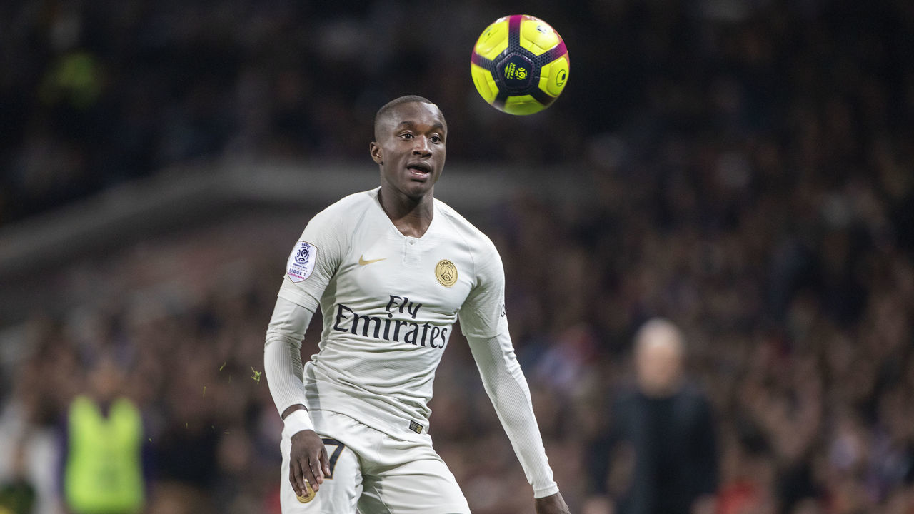 TOULOUSE, FRANCE - March 31: Moussa Diaby #27 of Paris Saint-Germain in action during the Toulouse FC V Paris Saint-Germain, French Ligue 1 regular season match at the Stadium Municipal de Toulouse on March 31st 2019 in Toulouse, France