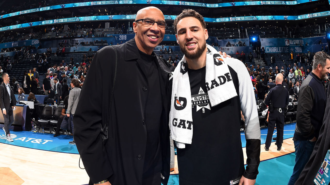 CHARLOTTE, NC - FEBRUARY 17: Mychal Thompson and Klay Thompson #11 of Team LeBron pose for a photo the 2019 NBA All-Star Game on February 17, 2019 at the Spectrum Center in Charlotte, North Carolina. NOTE TO USER: User expressly acknowledges and agrees that, by downloading and/or using this photograph, user is consenting to the terms and conditions of the Getty Images License Agreement. Mandatory Copyright Notice: Copyright 2019 NBAE