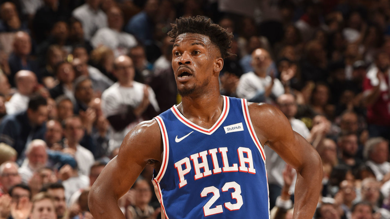 TORONTO, CANADA - MAY 7: Jimmy Butler #23 of the Philadelphia 76ers looks on against the Toronto Raptors during Game Five of the Eastern Conference Semi-Finals of the 2019 NBA Playoffs on May 7, 2019 at the Scotiabank Arena in Toronto, Ontario, Canada. Mandatory Copyright Notice: Copyright 2019 NBAE