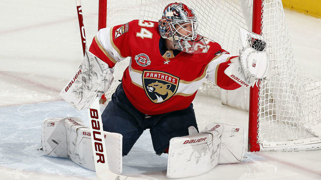 SUNRISE, FL - FEBRUARY 17: Goaltender James Reimer #34 of the Florida Panthers makes a glove save against the Montreal Canadiens in the third period at the BB&T Center on February 17, 2019 in Sunrise, Florida.