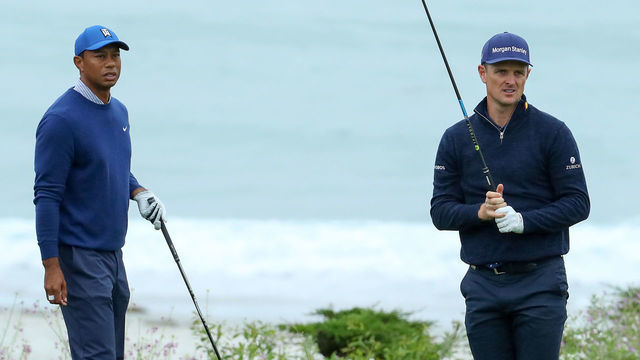 PEBBLE BEACH, CALIFORNIA - JUNE 14: Tiger Woods of the United States (L) and Justin Rose of England watch a ball on the 11th tee during the second round of the 2019 U.S. Open at Pebble Beach Golf Links on June 14, 2019 in Pebble Beach, California.