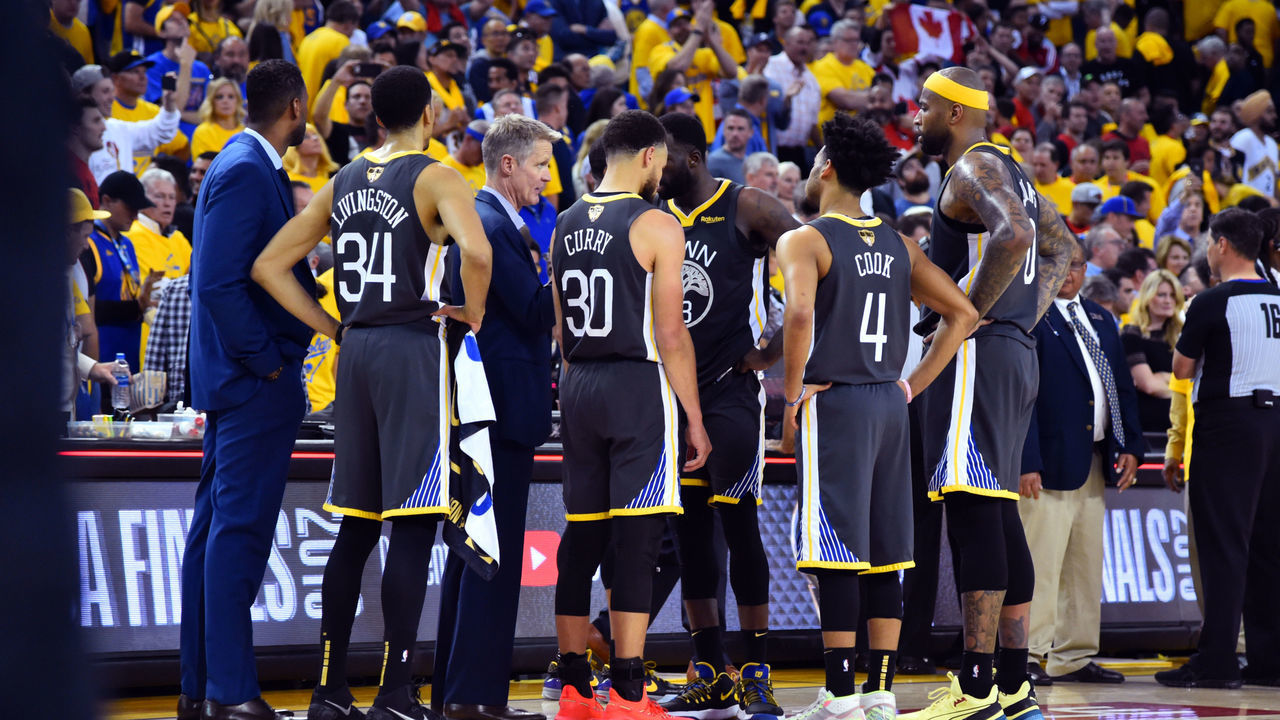 OAKLAND, CA - JUNE 13: The Golden State Warriors huddle up during a game against the Toronto Raptors during Game Six of the NBA Finals on June 13, 2019 at ORACLE Arena in Oakland, California. NOTE TO USER: User expressly acknowledges and agrees that, by downloading and/or using this photograph, user is consenting to the terms and conditions of Getty Images License Agreement. Mandatory Copyright Notice: Copyright 2019 NBAE