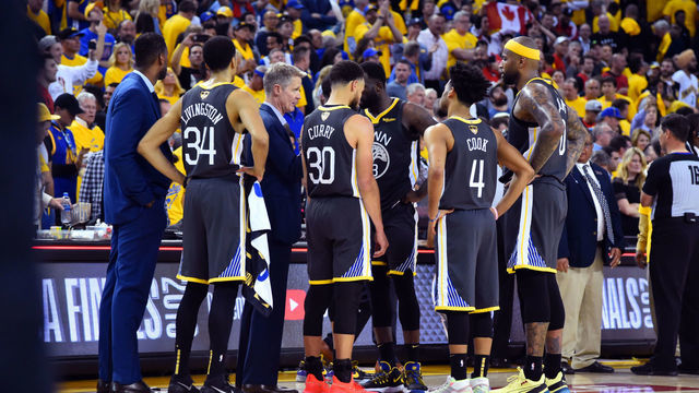 OAKLAND, CA - JUNE 13: The Golden State Warriors huddle up during a game against the Toronto Raptors during Game Six of the NBA Finals on June 13, 2019 at ORACLE Arena in Oakland, California. NOTE TO USER: User expressly acknowledges and agrees that, by downloading and/or using this photograph, user is consenting to the terms and conditions of Getty Images License Agreement. Mandatory Copyright Notice: Copyright 2019 NBAE