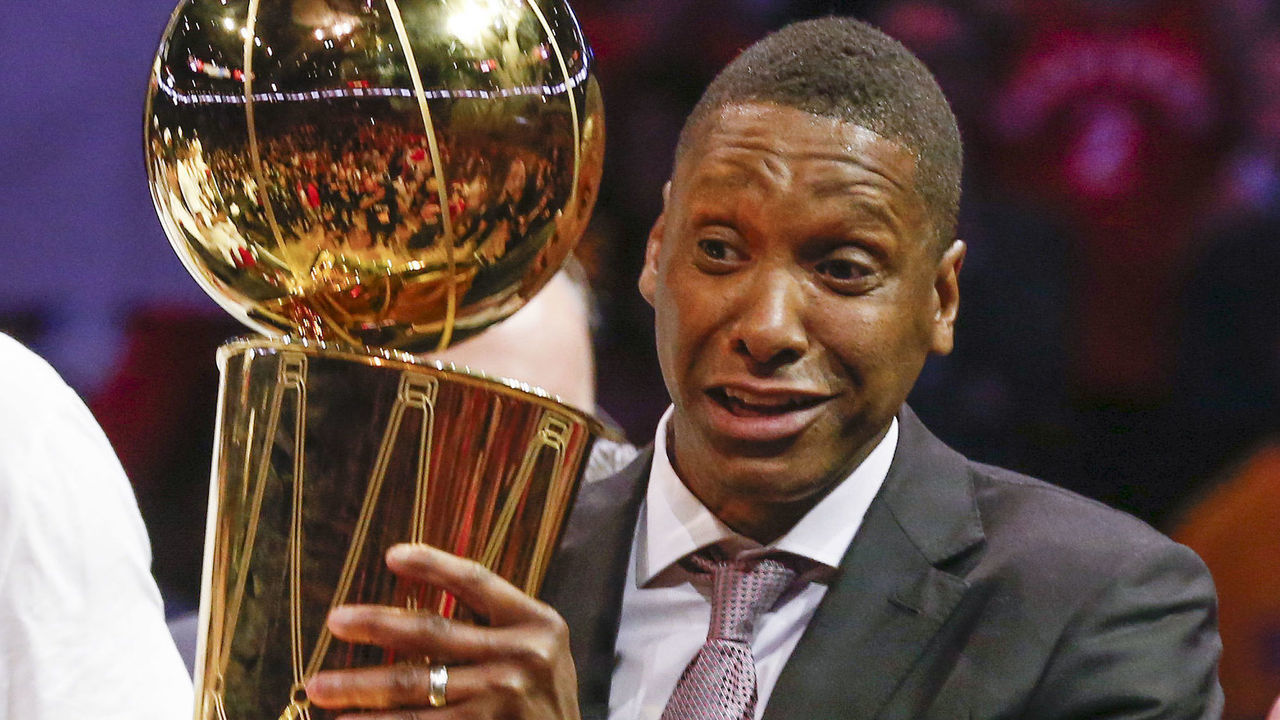 OAKLAND, CA - JUNE 13: Raptors GM Masai Ujiri hoists the trophy. Toronto Raptors vs Golden State Warriors in 2nd half action of NBA Finals action in Game 6 of playoff play at Oracle Arena. Raptors lead the series 3-2. Toronto Star/Rick Madonik (Rick Madonik/Toronto Star via Getty Images)