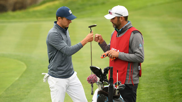 PEBBLE BEACH, CALIFORNIA - JUNE 14: Jordan Spieth of the United States (L) and his caddie, Michael Greller, fist pump on the eighth green during the second round of the 2019 U.S. Open at Pebble Beach Golf Links on June 14, 2019 in Pebble Beach, California.