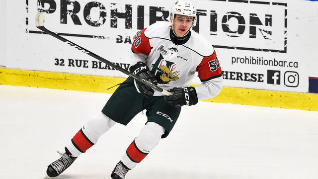 BOISBRIAND, QC - OCTOBER 20: Raphael Lavoie #50 of the Halifax Mooseheads skates against the Blainville-Boisbriand Armada during the QMJHL game at Centre d'Excellence Sports Rousseau on October 20, 2017 in Boisbriand, Quebec, Canada. The Halifax Mooseheads defeated the Blainville-Boisbriand Armada 4-2.