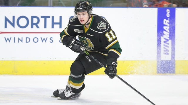 LONDON, ON - FEBRUARY 26: Connor McMichael #11 of the London Knights skates with the puck in the first period during OHL game action against the Guelph Storm at Budweiser Gardens on February 26, 2019 in London, Canada.