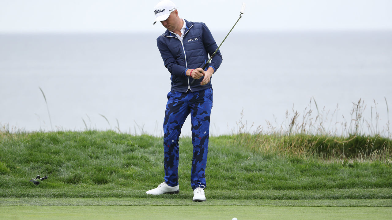 PEBBLE BEACH, CALIFORNIA - JUNE 14: Justin Thomas of the United States reacts to a shot on the fourth hole during the second round of the 2019 U.S. Open at Pebble Beach Golf Links on June 14, 2019 in Pebble Beach, California.