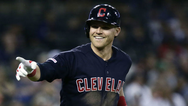 DETROIT, MI - JUNE 14: Jake Bauers #10 of the Cleveland Indians points to his dugout after hitting a two-run home run to complete the cycle against the Detroit Tigers during the eighth inning at Comerica Park on June 14, 2019 in Detroit, Michigan.