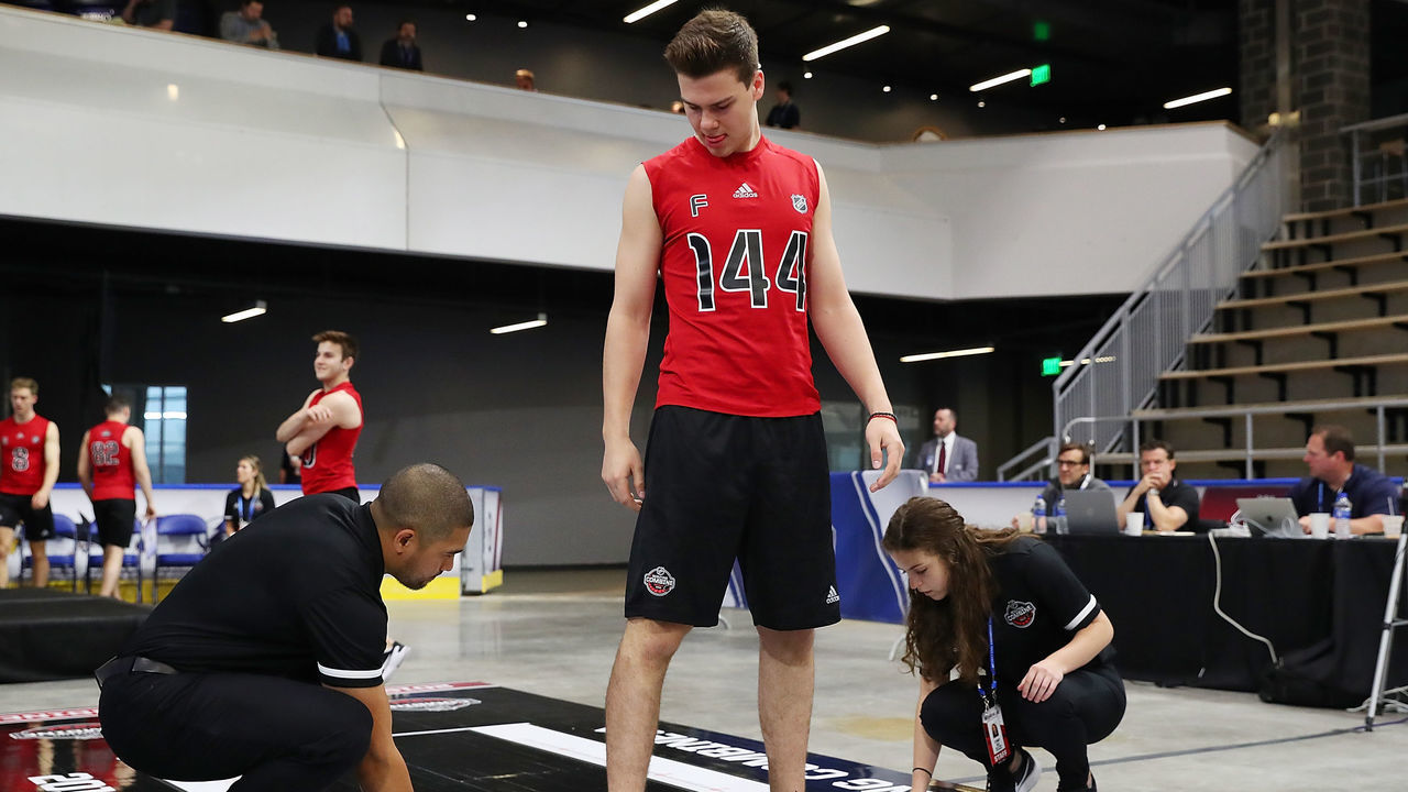 BUFFALO, NY - JUNE 1: Egor Afanasyev has his long jump measured during the 2019 NHL Scouting Combine on June 1, 2019 at Harborcenter in Buffalo, New York.