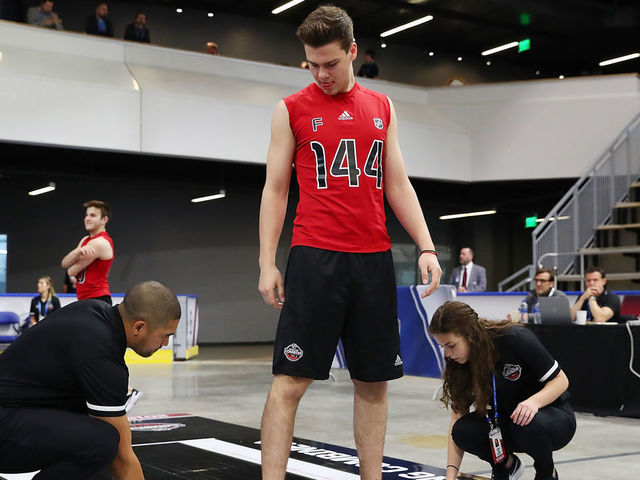 BUFFALO, NY - JUNE 1: Egor Afanasyev has his long jump measured during the 2019 NHL Scouting Combine on June 1, 2019 at Harborcenter in Buffalo, New York.