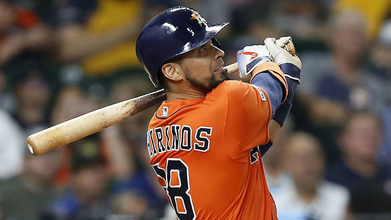 HOUSTON, TEXAS - JUNE 14: Robinson Chirinos #28 of the Houston Astros hits a grand slam in the eighth inning against the Toronto Blue Jays at Minute Maid Park on June 14, 2019 in Houston, Texas.