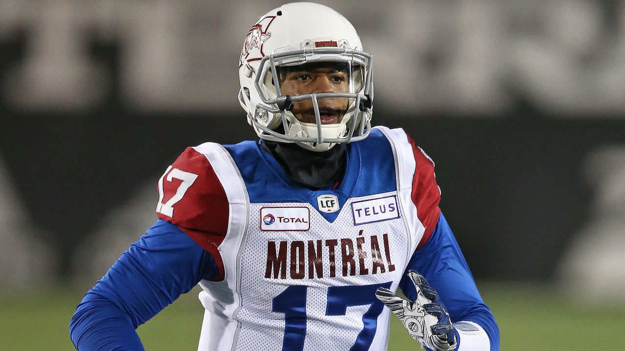 HAMILTON, ON - NOVEMBER 3: Antonio Pipkin #17 of the Montreal Alouettes looks to pass against the Hamilton Tiger-Cats in a CFL game at Tim Hortons Field on November 3, 2018 in Hamilton, Ontario, Canada.