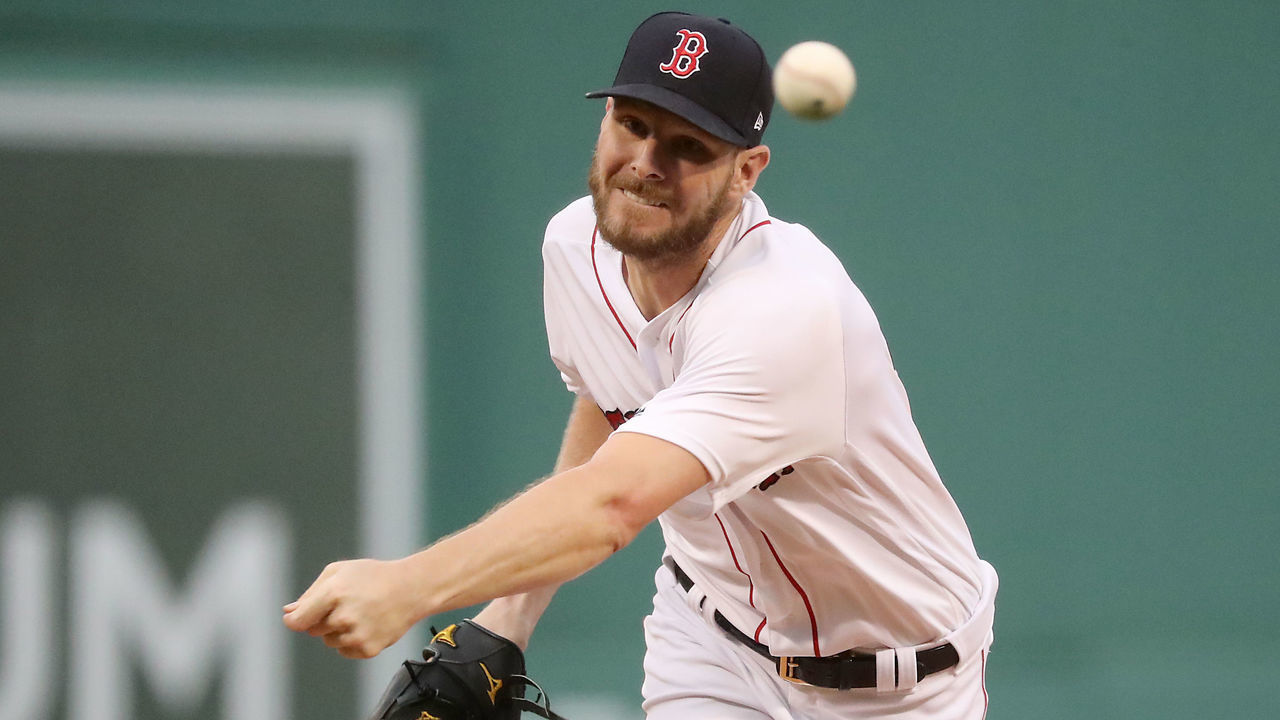 BOSTON - JUNE 10: Boston Red Sox starting pitcher Chris Sale throws during the first inning. The Boston Red Sox host the Texas Rangers in a regular season MLB baseball game at Fenway Park in Boston on June 10, 2019.