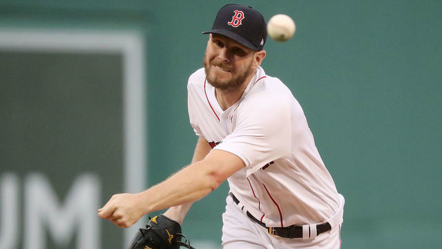 BOSTON - JUNE 10: Boston Red Sox starting pitcher Chris Sale throws during the first inning. The Boston Red Sox host the Texas Rangers in a regular season MLB baseball game at Fenway Park in Boston on June 10, 2019.