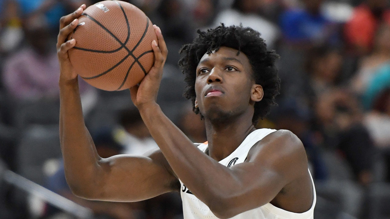 LAS VEGAS, NEVADA - APRIL 20: James Wiseman #32 warms up at halftime of the Jordan Brand Classic boys high school all-star basketball game at T-Mobile Arena on April 20, 2019 in Las Vegas, Nevada.