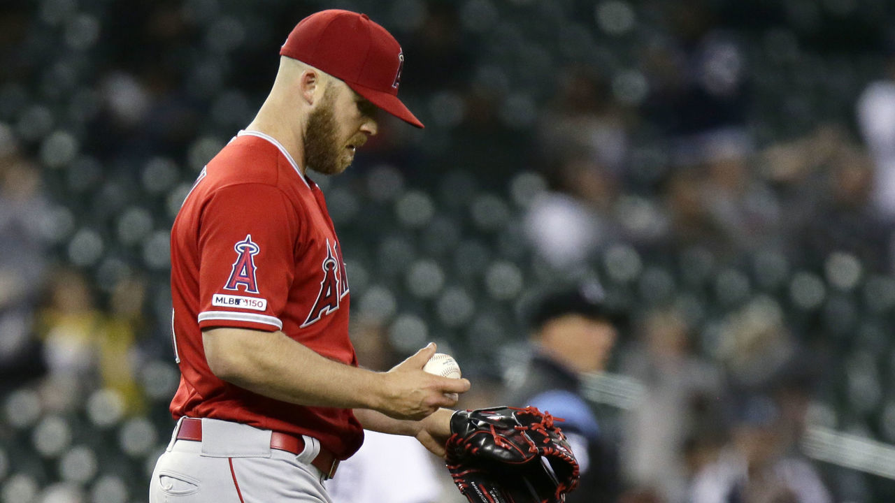 DETROIT, MI - MAY 8: Cody Allen #37 of the Los Angeles Angels of Anaheim walks back to the mound after giving up a two-run home run to JaCoby Jones of the Detroit Tigers during the eighth inning at Comerica Park on May 8, 2019 in Detroit, Michigan. The Tigers defeated the Angels 10-3.