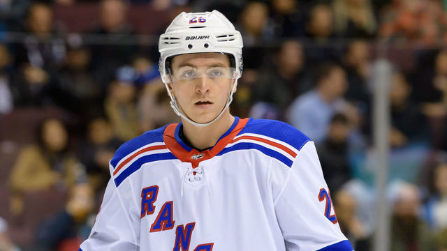 VANCOUVER, BC - MARCH 13: New York Rangers Left Wing Jimmy Vesey (26) waits for a face-off during their NHL game against the Vancouver Canucks at Rogers Arena on March 13, 2019 in Vancouver, British Columbia, Canada. Vancouver won 4-1.