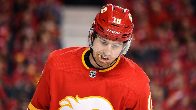 CALGARY, AB - APRIL 11: Calgary Flames Right Wing James Neal (18) looks on between whistles during the second period of Game One of the Western Conference First Round during the 2019 Stanley Cup Playoffs where the Calgary Flames hosted the Colorado Avalanche on April 11, 2019, at the Scotiabank Saddledome in Calgary, AB.