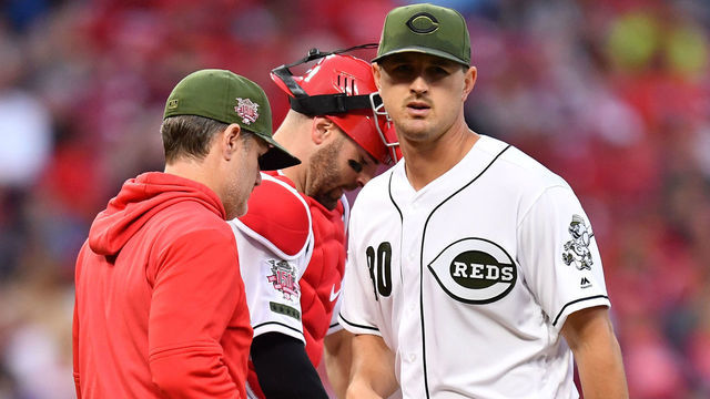 CINCINNATI, OH - JUNE 14: Starting pitcher Tyler Mahle #30 of the Cincinnati Reds is pulled in the fifth inning against the Texas Rangers at Great American Ball Park on June 14, 2019 in Cincinnati, Ohio.