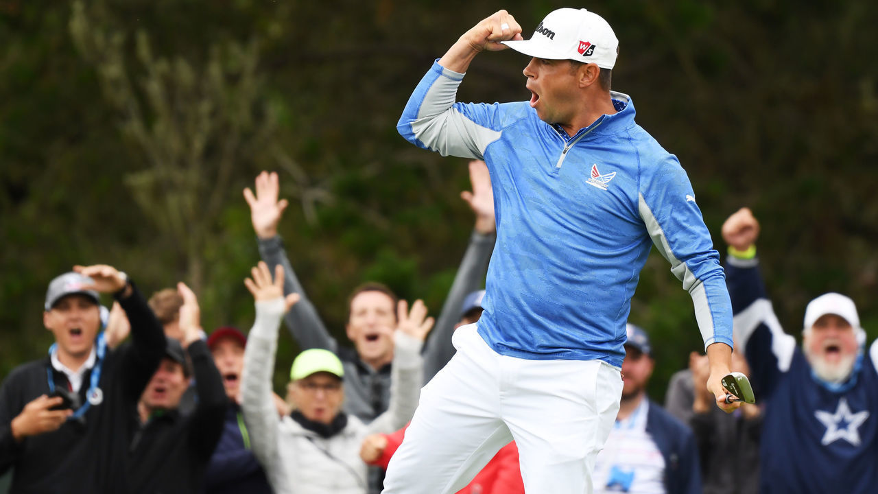 PEBBLE BEACH, CALIFORNIA - JUNE 15: Gary Woodland of the United States celebrates a par-saving putt on the 12th green during the third round of the 2019 U.S. Open at Pebble Beach Golf Links on June 15, 2019 in Pebble Beach, California.