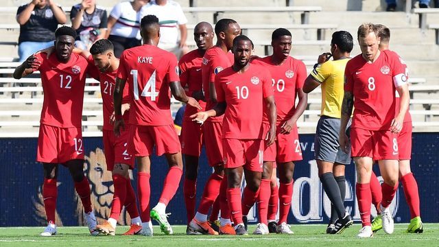Canada players celebrate a goal by forward Jonathan David (#20) for a 1-0 lead over Martinique during the first half on June 15, 2019 during their opening round 2019 Concacaf Gold Cup match at the Rose Bowl in Pasadena, California.