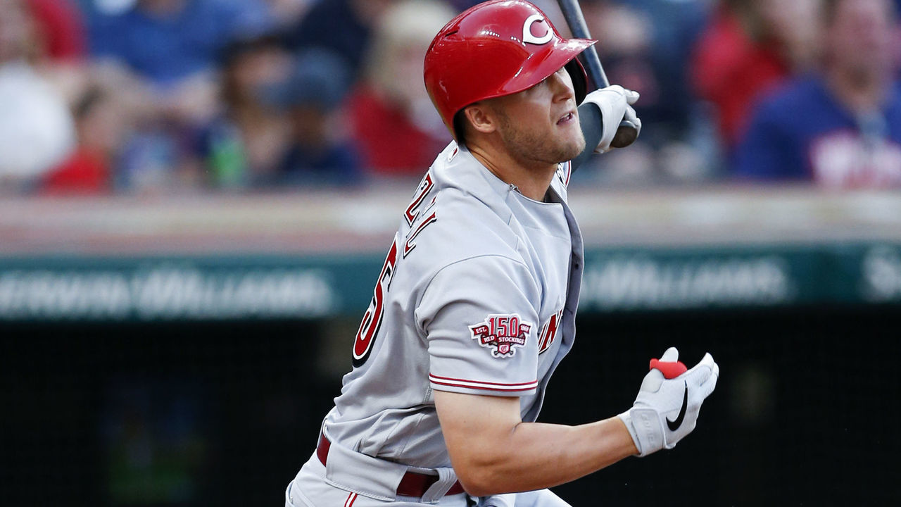 CLEVELAND, OH - JUNE 11: Nick Senzel #15 of the Cincinnati Reds hits a one run double off starting pitcher Trevor Bauer #47 of the Cleveland Indians during the fifth inning at Progressive Field on June 11, 2019 in Cleveland, Ohio.