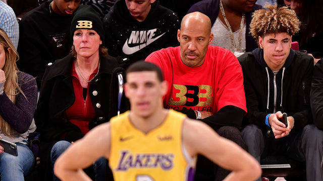 NEW YORK, NY - DECEMBER 12: Tina Ball, Lonzo Ball, LaVar Ball, LaMelo Ball and LiAngelo Ball attend the Los Angeles Lakers Vs New York Knicks game at Madison Square Garden on December 12, 2017 in New York City.