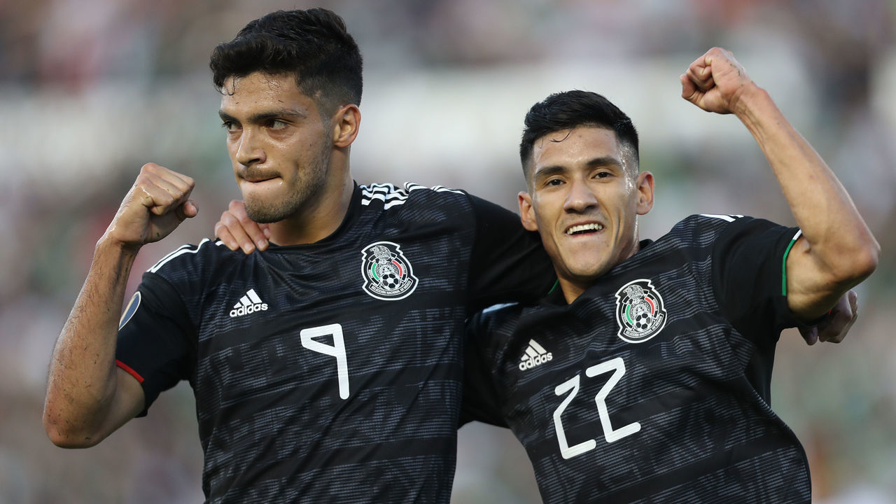 PASADENA, CA - JUNE 15: Raul Jimenez #9 of Mexico celebrates with teammate Uriel Antuna #22 of Mexico after scoring the second goal of his team during a CONCACAF Gold Cup Group A match between Mexico and Cuba at Rose Bowl on June 15, 2019 in Pasadena, California.