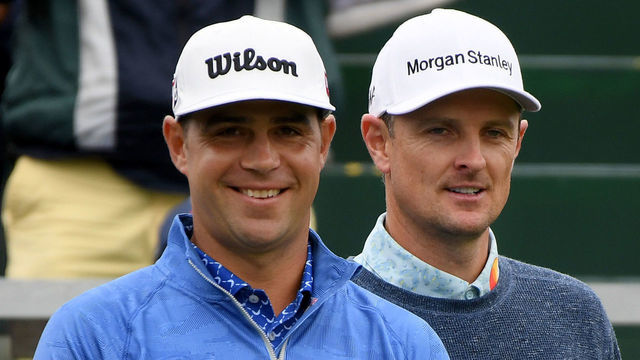 PEBBLE BEACH, CALIFORNIA - JUNE 15: Gary Woodland of the United States (L) and Justin Rose of England wait to tee off on the first hole during the third round of the 2019 U.S. Open at Pebble Beach Golf Links on June 15, 2019 in Pebble Beach, California.