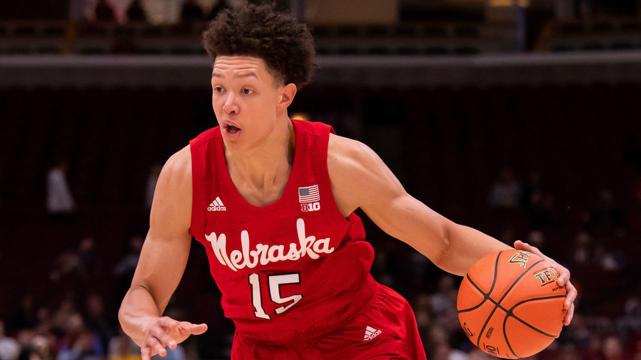 CHICAGO, IL - MARCH 13: Nebraska Cornhuskers forward Isaiah Roby (15) drives towards the basket during a Big Ten Tournament game between the Nebraska Cornhuskers and the Rutgers Scarlet Knights on March 13, 2019, at the United Center in Chicago, IL.
