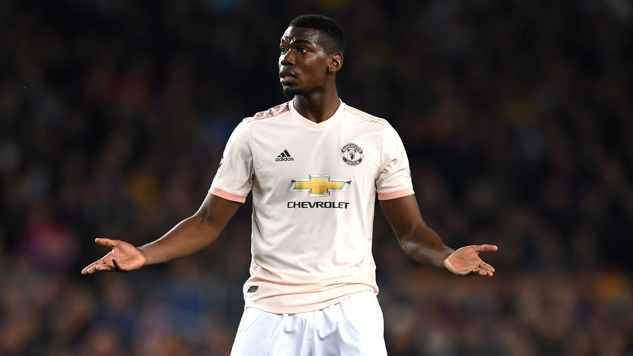 BARCELONA, SPAIN - APRIL 16: Paul Pogba of Manchester United reacts during the UEFA Champions League Quarter Final second leg match between FC Barcelona and Manchester United at Camp Nou on April 16, 2019 in Barcelona, Spain.