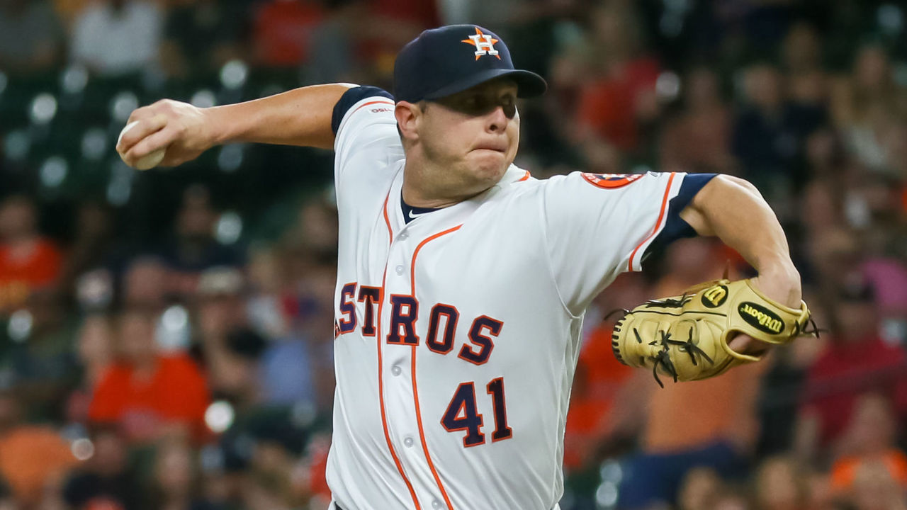 HOUSTON, TX - JUNE 11: Houston Astros starting pitcher Brad Peacock (41) delivers a pitch during the baseball game between the Milwaukee Brewers and Houston Astros on June 11, 2019 at Minute Maid Park in Houston, Texas.