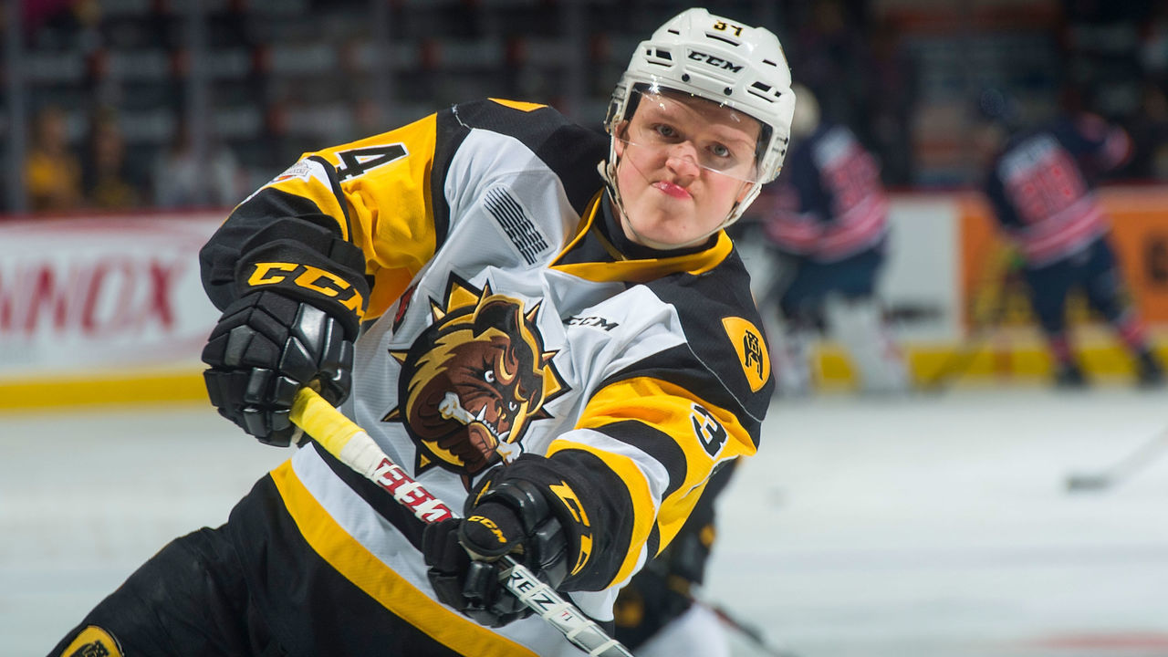 REGINA, SK - MAY 25: Arthur Kaliyev #34 of Hamilton Bulldogs warms up with a shot on net against the Regina Pats at Brandt Centre - Evraz Place on May 25, 2018 in Regina, Canada.
