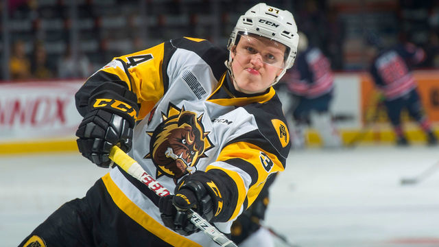 REGINA, SK - MAY 25: Arthur Kaliyev #34 of Hamilton Bulldogs warms up with a shot on net against the Regina Pats at Brandt Centre - Evraz Place on May 25, 2018 in Regina, Canada.