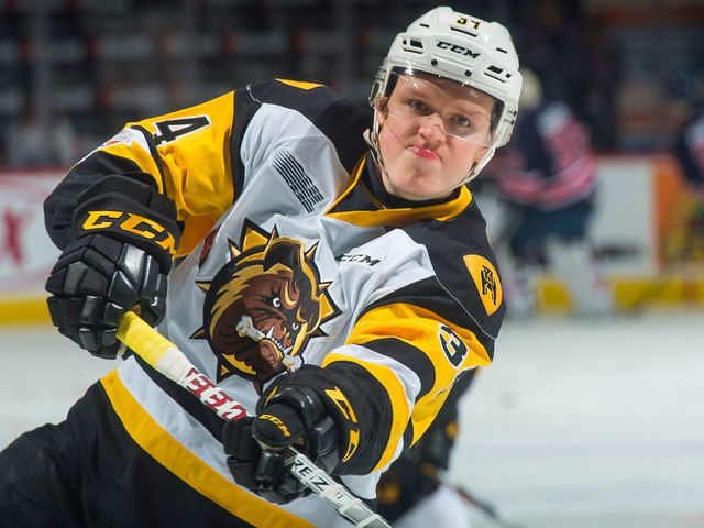 REGINA, SK - MAY 25: Arthur Kaliyev #34 of Hamilton Bulldogs warms up with a shot on net against the Regina Pats at Brandt Centre - Evraz Place on May 25, 2018 in Regina, Canada.