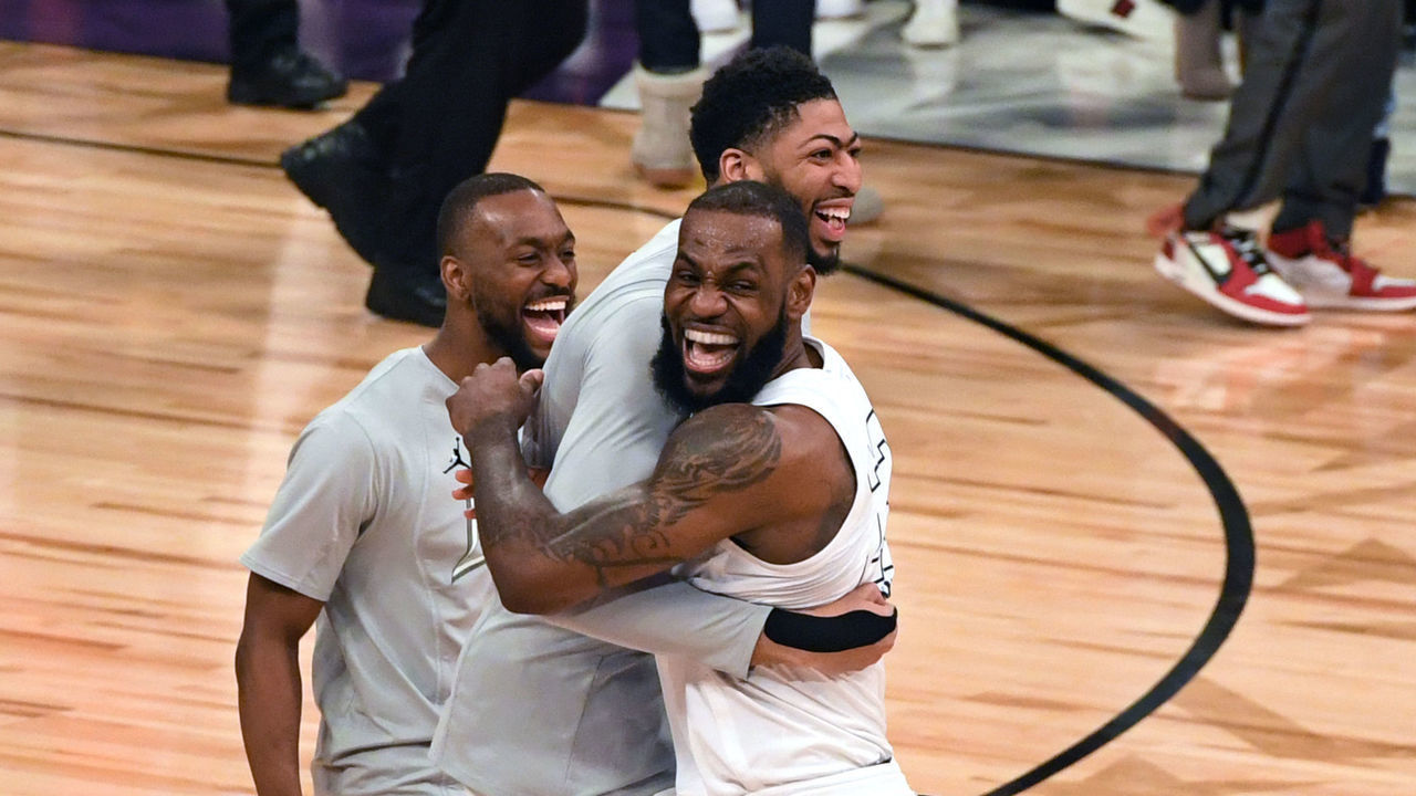 LOS ANGELES, CA - FEBRUARY 18: Anthony Davis #23 and LeBron James #23 of team LeBron react after winning the NBA All-Star Game as a part of 2018 NBA All-Star Weekend at STAPLES Center on February 18, 2018 in Los Angeles, California. NOTE TO USER: User expressly acknowledges and agrees that, by downloading and/or using this photograph, user is consenting to the terms and conditions of the Getty Images License Agreement. Mandatory Copyright Notice: Copyright 2018 NBAE