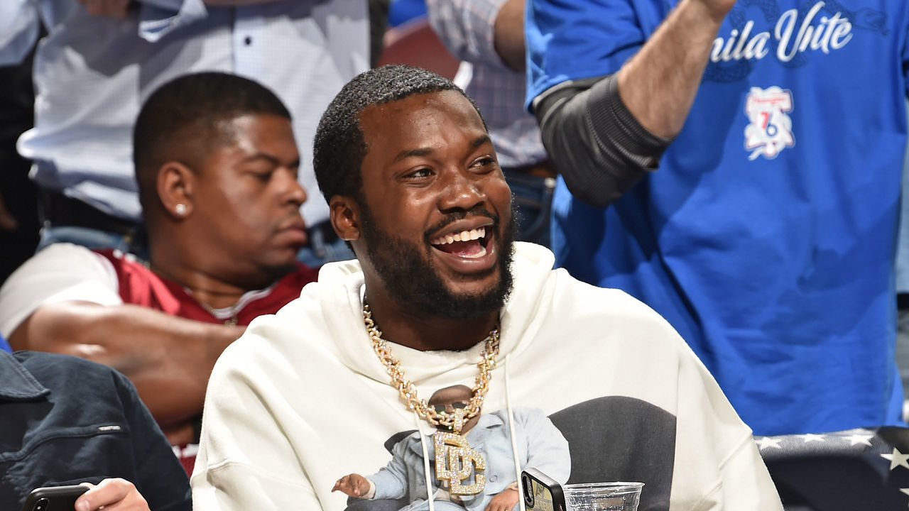 PHILADELPHIA, PA - MAY 2: Meek Mill attends Game Three of the Eastern Conference Semifinals of the 2019 NBA Playoffs between the Philadelphia 76ers and Toronto Raptors on May 2, 2019 at the Wells Fargo Center in Philadelphia, Pennsylvania. NOTE TO USER: User expressly acknowledges and agrees that, by downloading and/or using this photograph, user is consenting to the terms and conditions of the Getty Images License Agreement. Mandatory Copyright Notice: Copyright 2019 NBAE