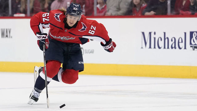 WASHINGTON, DC - APRIL 20: Carl Hagelin #62 of the Washington Capitals skates with the puck in the first period against the Carolina Hurricanes in Game Five of the Eastern Conference First Round during the 2019 NHL Stanley Cup Playoffs at Capital One Arena on April 20, 2019 in Washington, DC.
