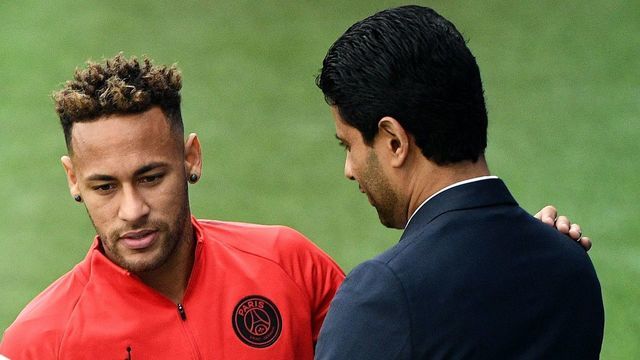 Paris Saint-Germain's Brazilian forward Neymar (L) speaks with Paris Saint-Germain's Qatari president Nasser Al-Khelaifi (R) and Paris Saint-Germain's Portuguese sporting director Antero Henrique before a training session at Saint-Germain-en-Laye, western Paris on September 13, 2018 on the eve of the French L1 football match between Paris Saint-Germain and Saint Etienne.