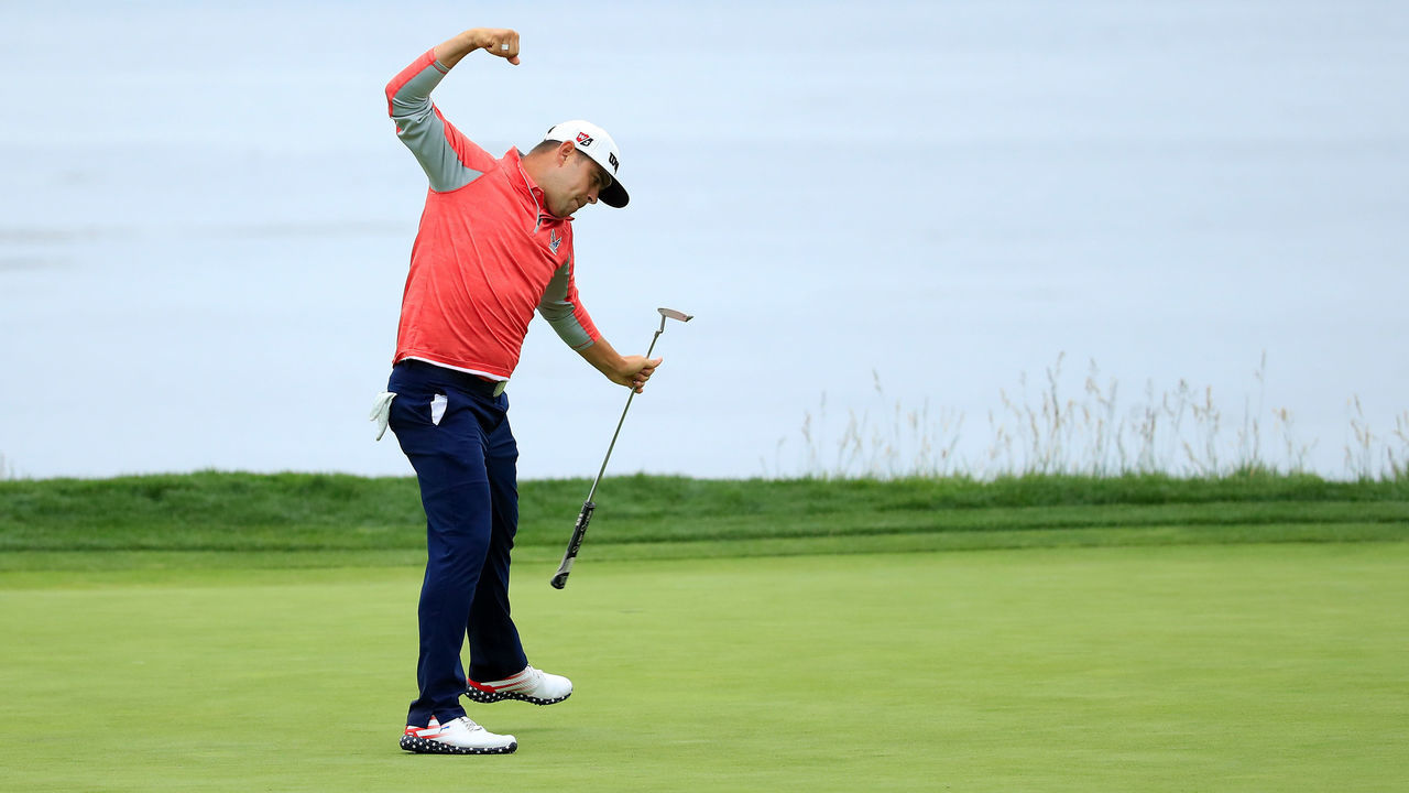 PEBBLE BEACH, CALIFORNIA - JUNE 16: Gary Woodland of the United States celebrates on the 18th green after winning the 2019 U.S. Open at Pebble Beach Golf Links on June 16, 2019 in Pebble Beach, California.