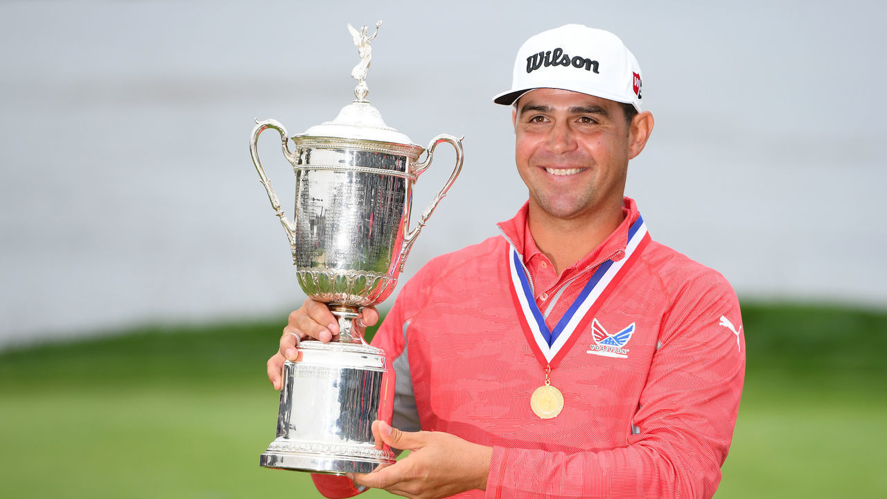 PEBBLE BEACH, CALIFORNIA - JUNE 16: Gary Woodland of the United States poses with the trophy after winning the 2019 U.S. Open at Pebble Beach Golf Links on June 16, 2019 in Pebble Beach, California.